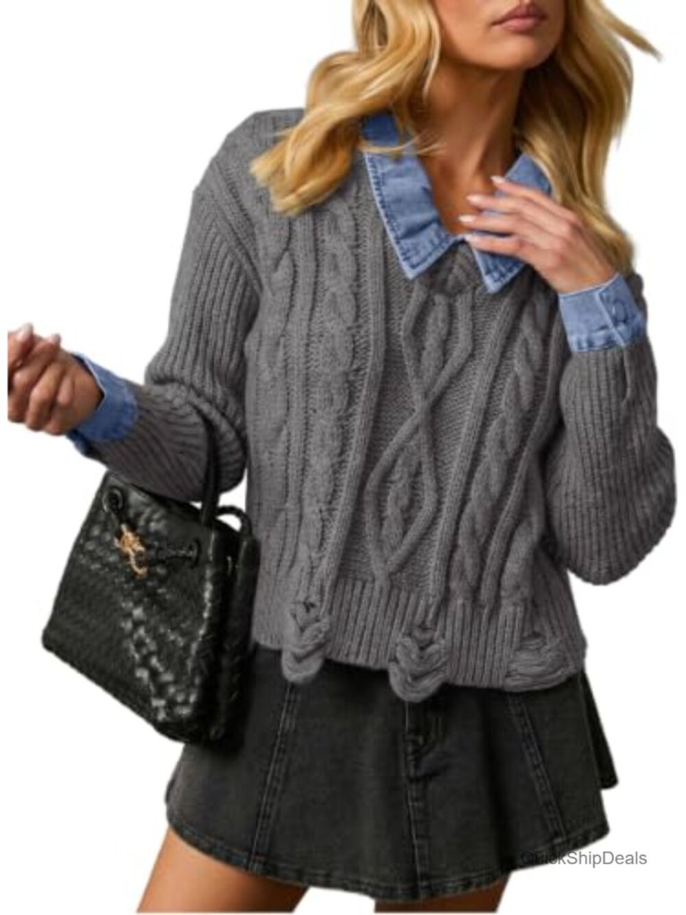 Chunky Knit Collared Jumper Sweater with Denim Trim Lounge Top